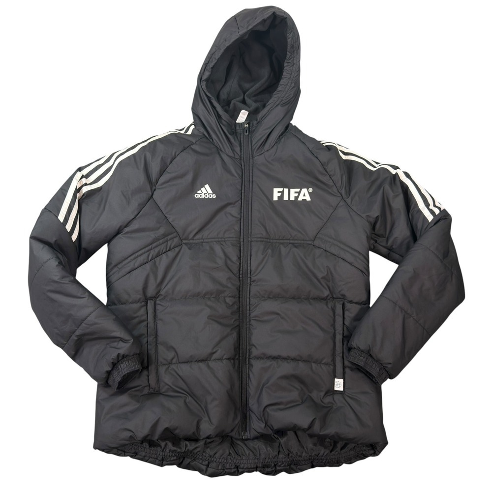 Adidas Mens FIFA Puffer Jacket Black 3-Stripe Hooded Insulated Coat Size S